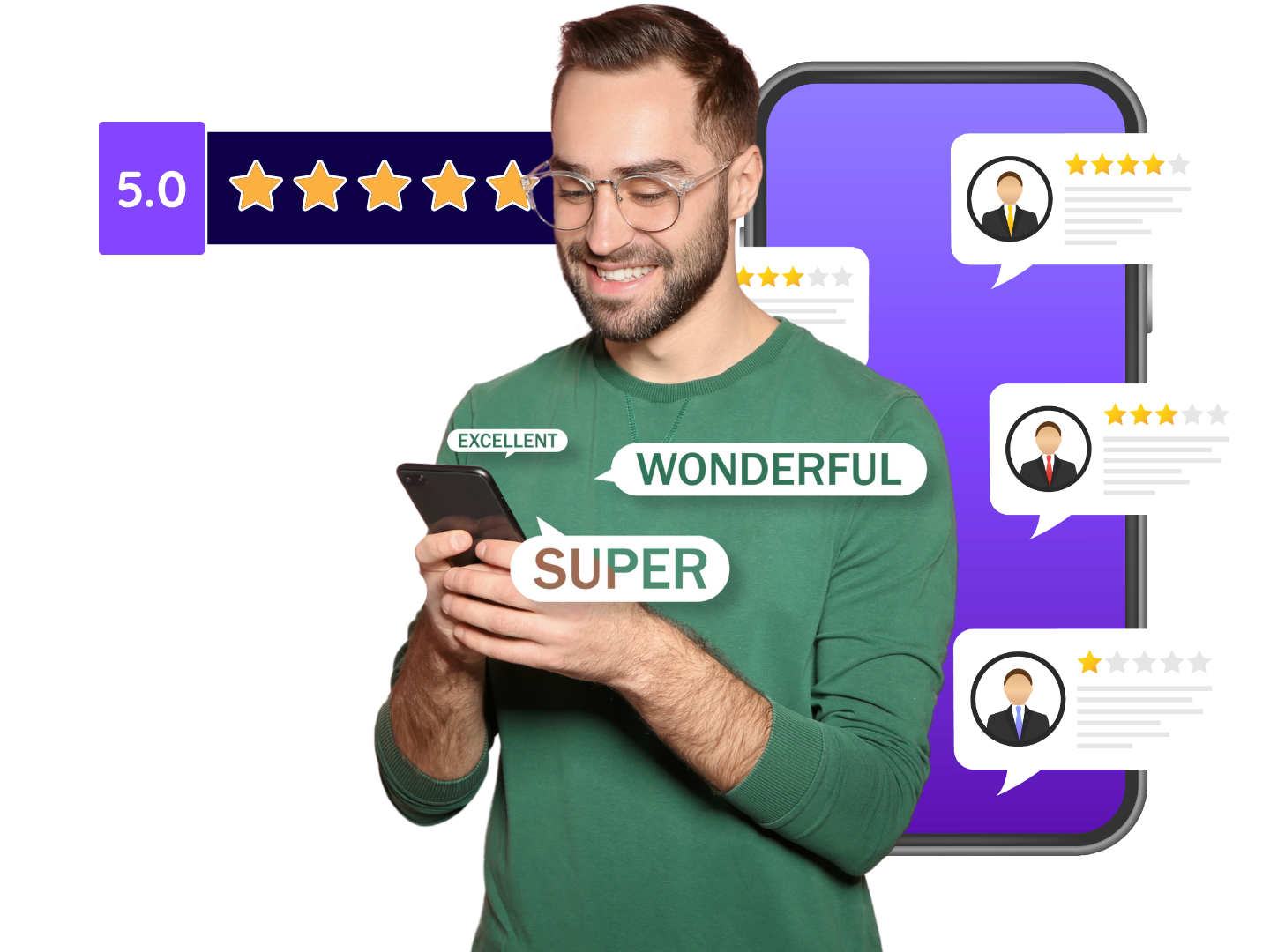 info-graphic showing smiling reviewer on smart phone submitting a five star review