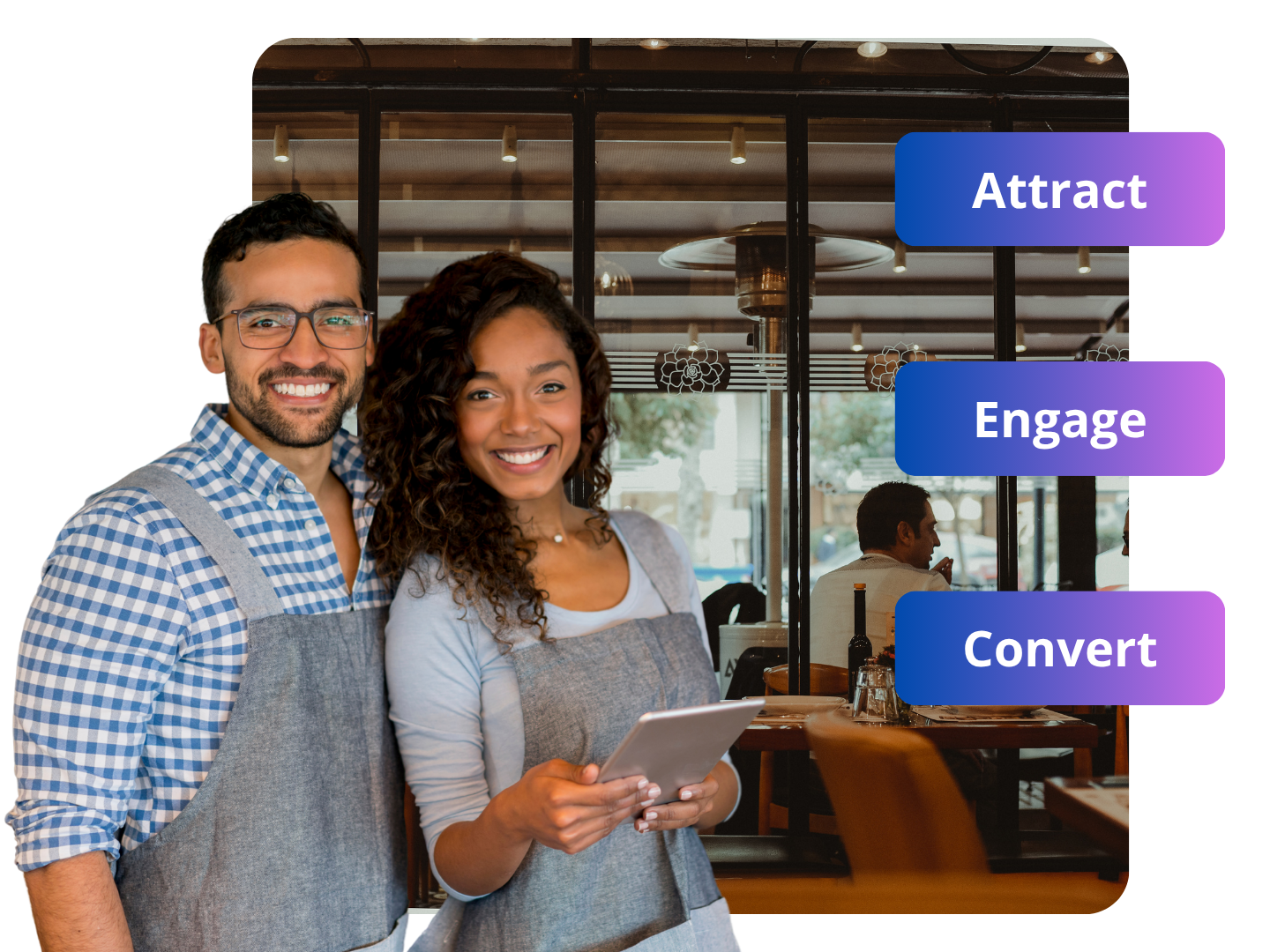 info graphic showing a restaurant couple smiling with the words attract, engage, and covert