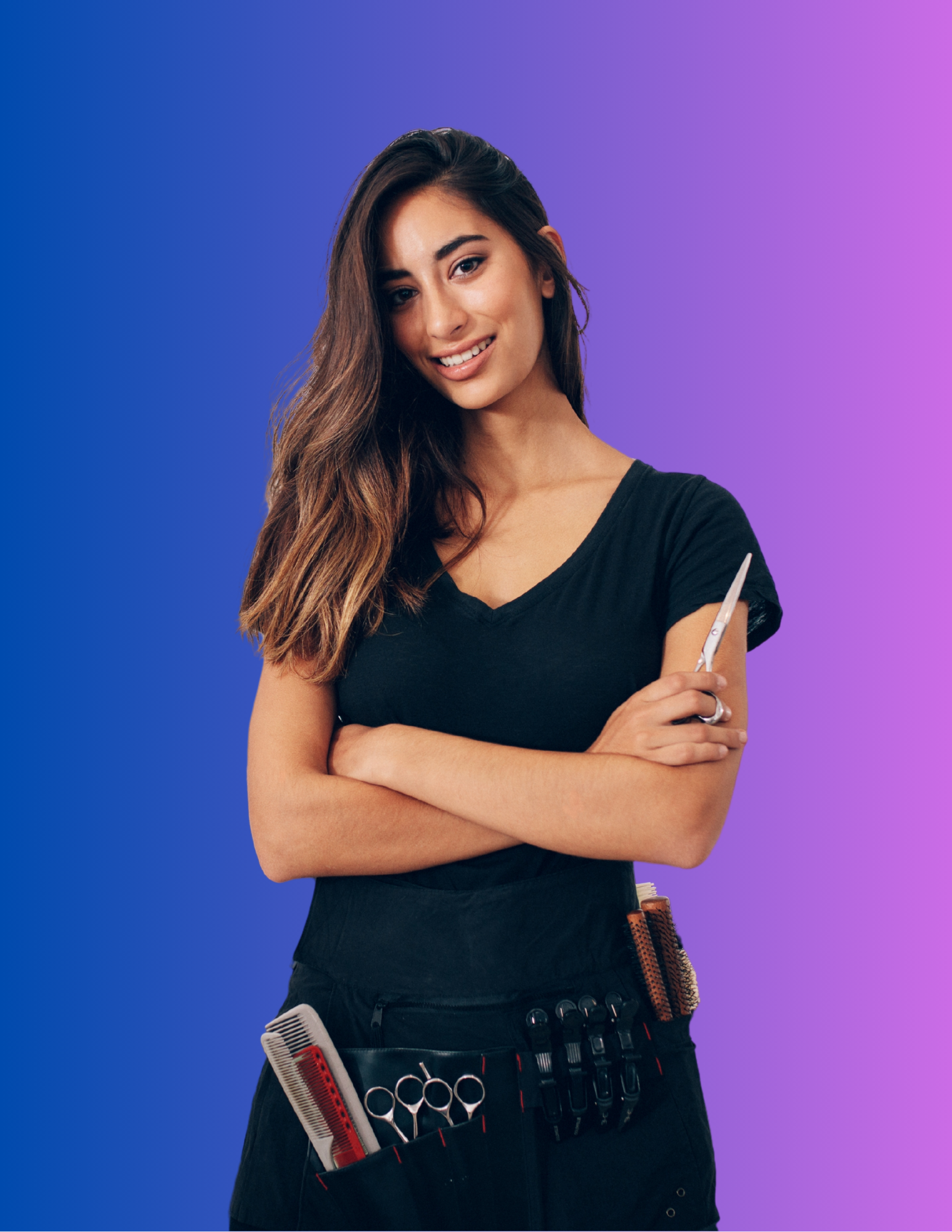 hair stylist with hair tool belt smiling and holding shear for hair cutting