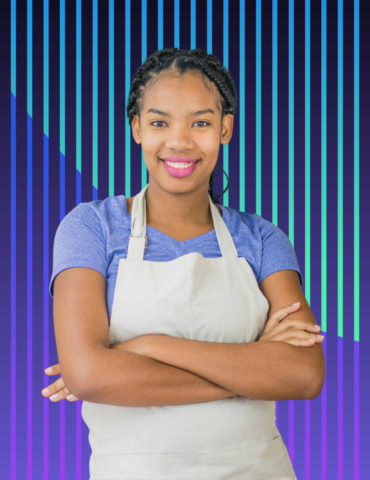 female baker wearing cooking vest smiling